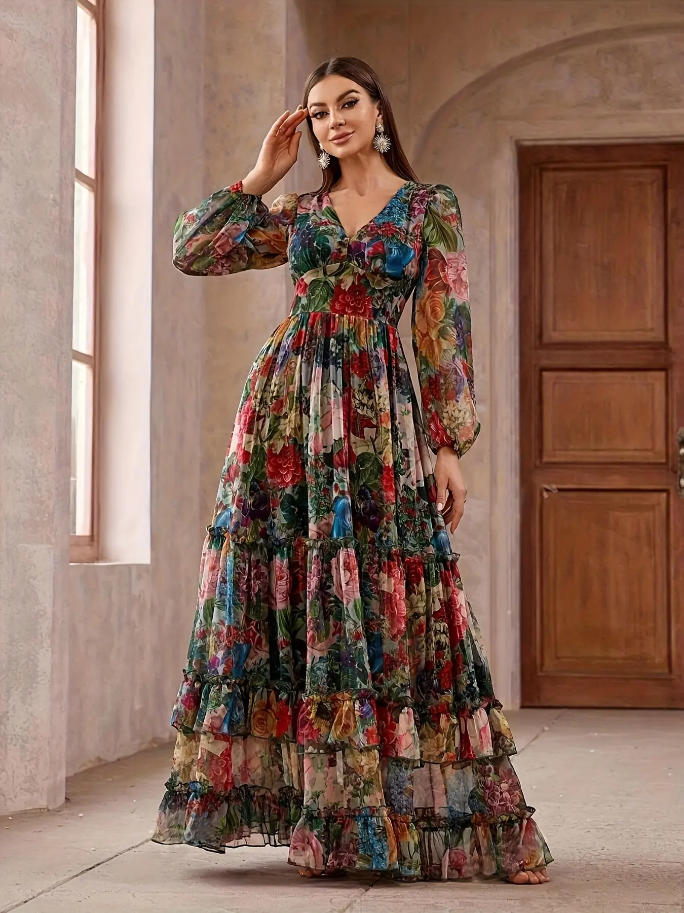 V Neck Cake Dress, Long Sleeve Multi-Layer Ruffle Sheer Long Dress, Boho Style Party Evening Gown, Colorful Midi Skirt for Women