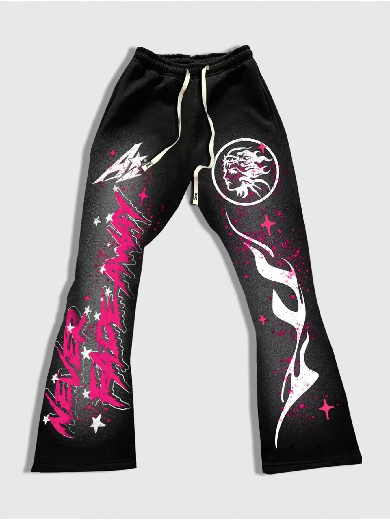 Men's and Women's Flame Letter Print Casual Flared Pants, Unisex Black Printed Leisure Sweatpants, Fashionable Sports Pants for Spring and Autumn, Athleisure Design, Casual Athletic Trousers