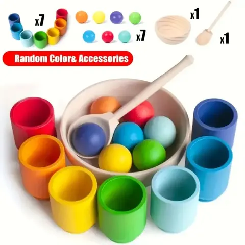 Wooden Rainbow Ball & Cup Color Sorting Game Set, Fine Motor Skills Learning, Educational Sensory Toy, Ideal Gift for Kids, Montessori Wooden