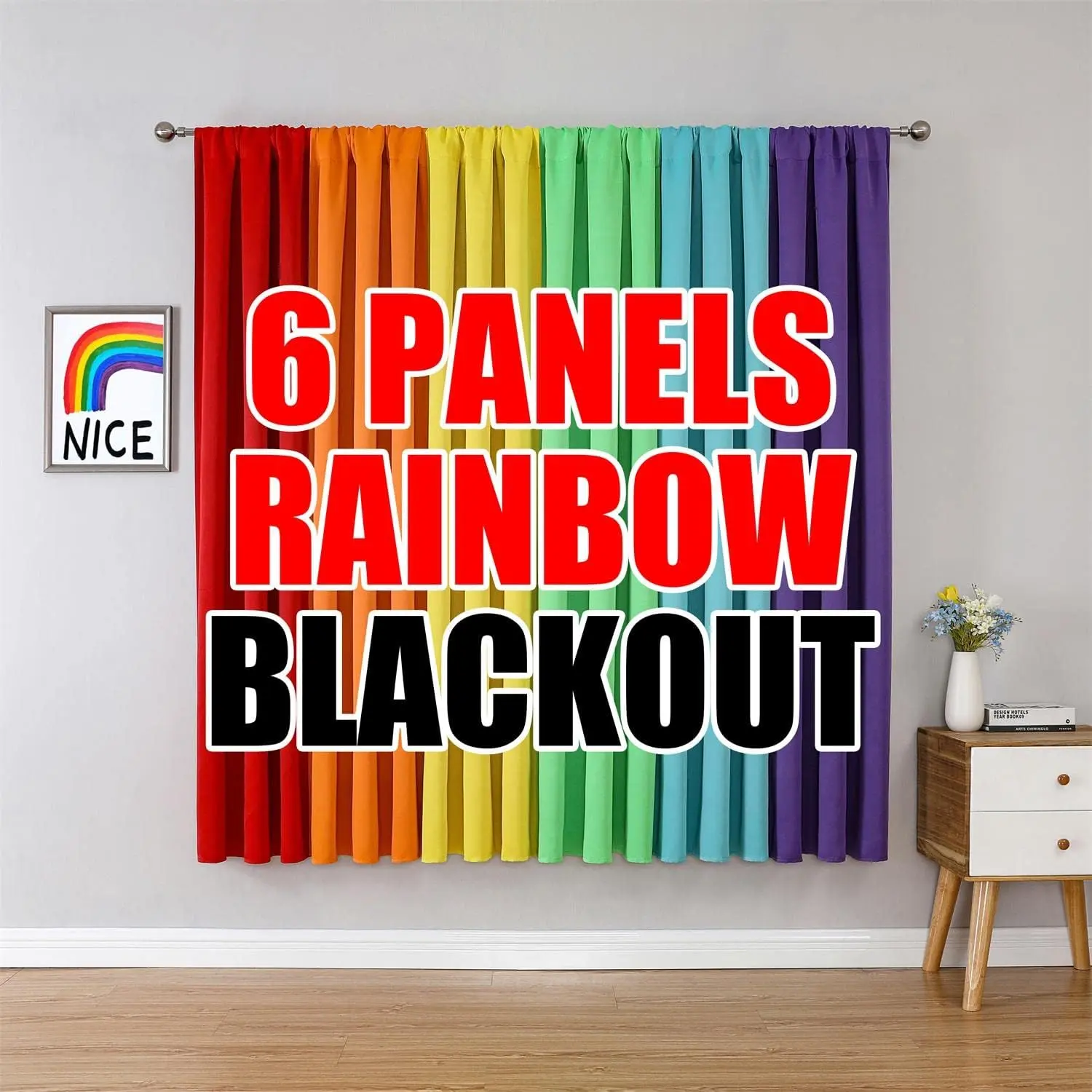 6 Panel Blackout Rainbow Curtains for Bedroom & Living Room - 72 Inch Long, Darkening Rod Pocket Curtains with Colorful Drapes in Red, Orange, Yellow, Green, Blue,