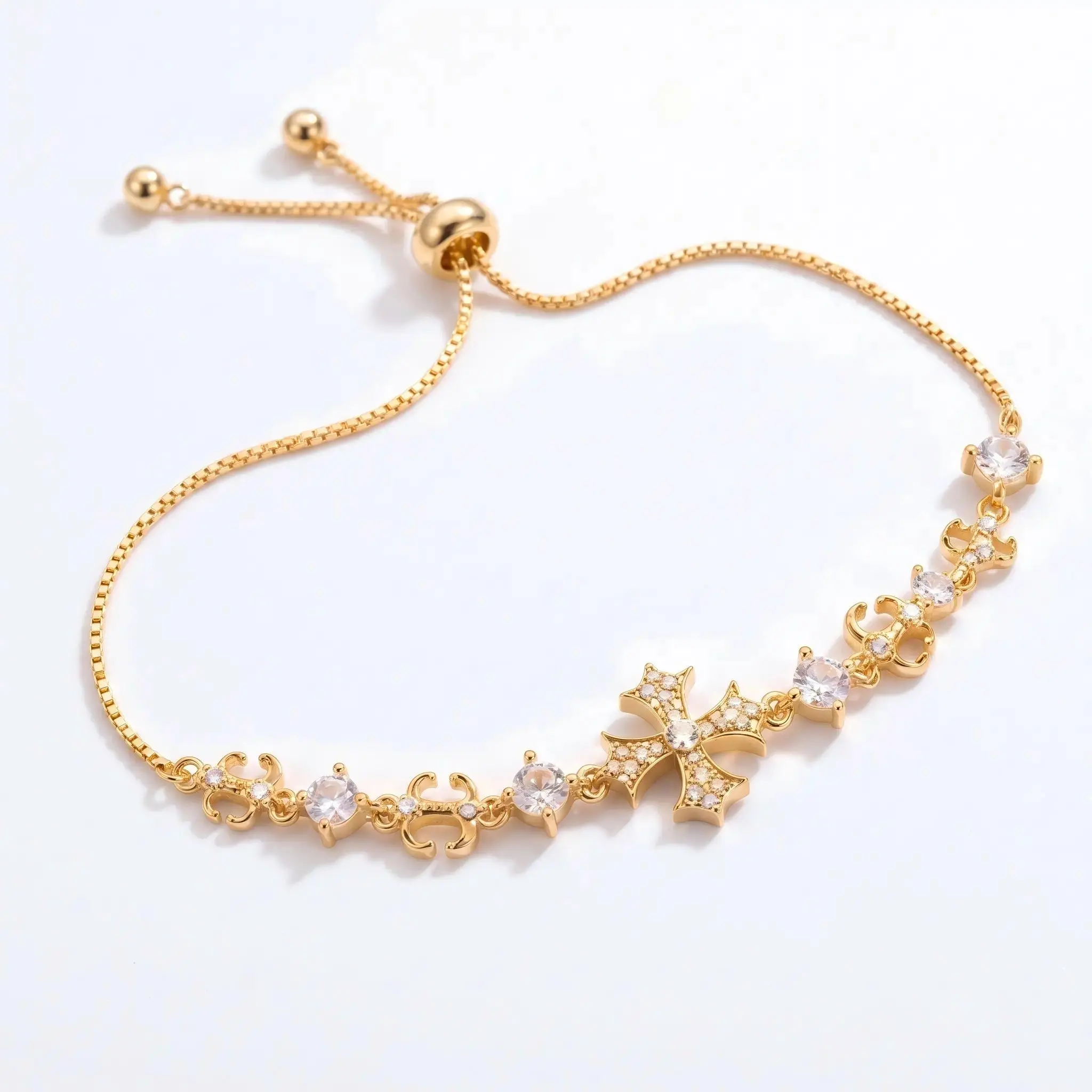 14K Gold Plated Cross Anchor Bracelet Elegant Exquisite Adjustable Slider Clasp Minimalist Aesthetic Jewelry Everyday Wear Holiday Gift