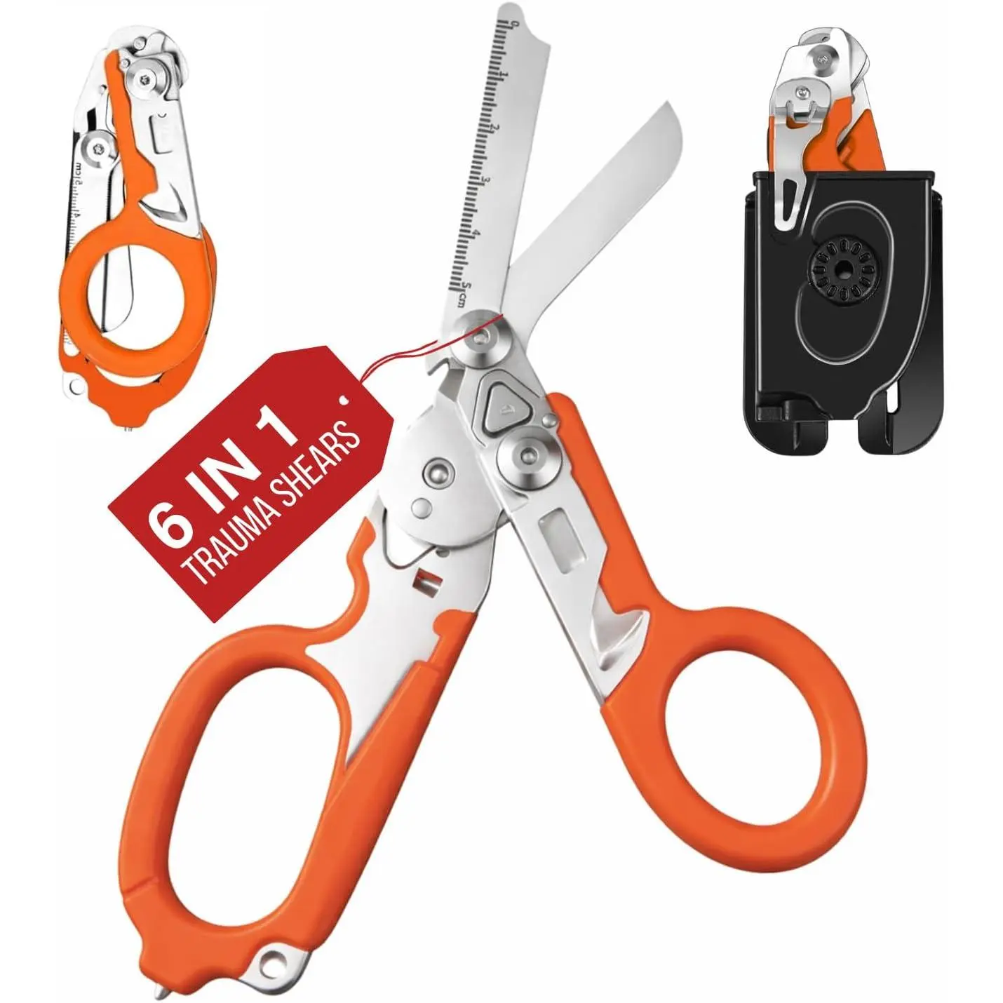 Heavy Duty 6 in 1 Multifunctional Trauma Shears Foldable| Stainless Steel emergency response scissors| Survival Shears with Holster| Medical Trauma shears Tactical With Strap Cutter| Orange