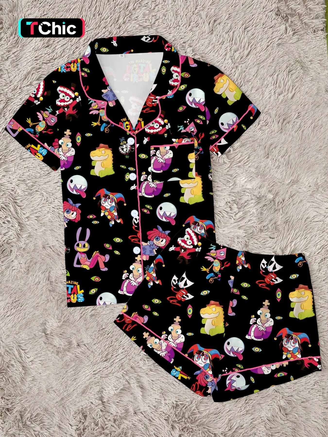 Women's Cute Circus Character Pajamas Set, Funny Magic Monster Pattern Button Sleepwear, Soft 2-Piece Short Sleeve Summer Home Wear