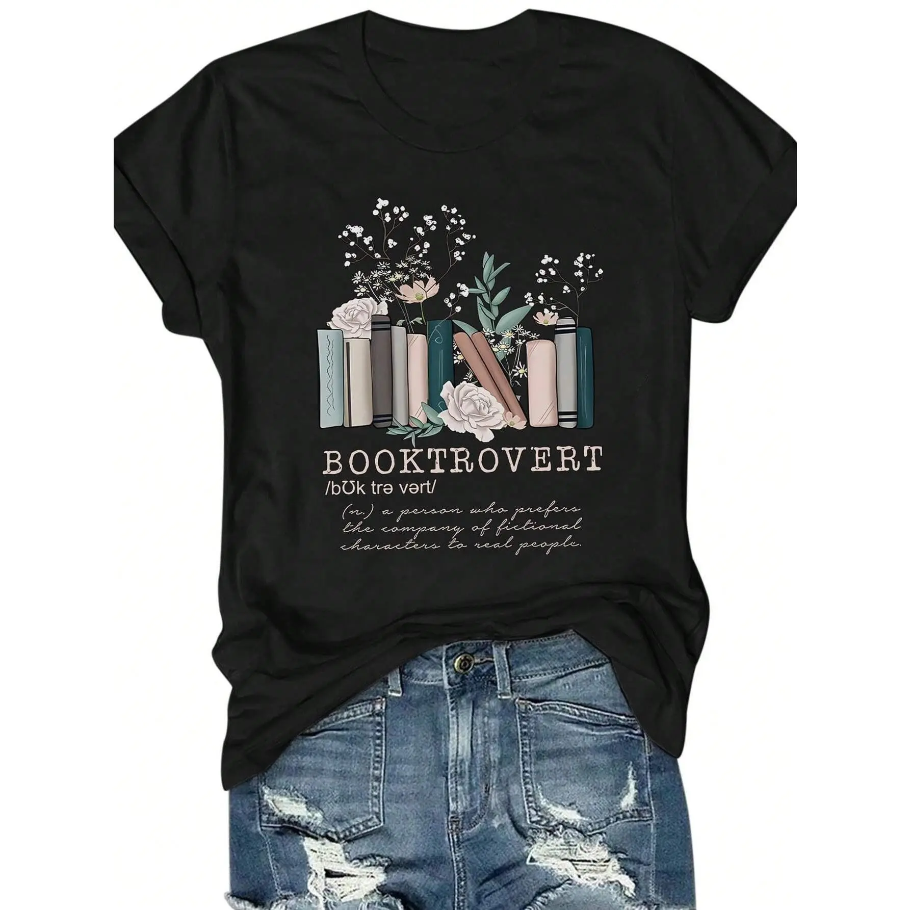 Women's Casual Knitted T-Shirt, Short Sleeve Regular Fit Top with a Floral Booktrovert Graphic for Back-To-School, Shortsleeve, Fabric, Tshirt, Halloween, Round Neck, Tops For School, Casual Wear, Floral Graphic blessed