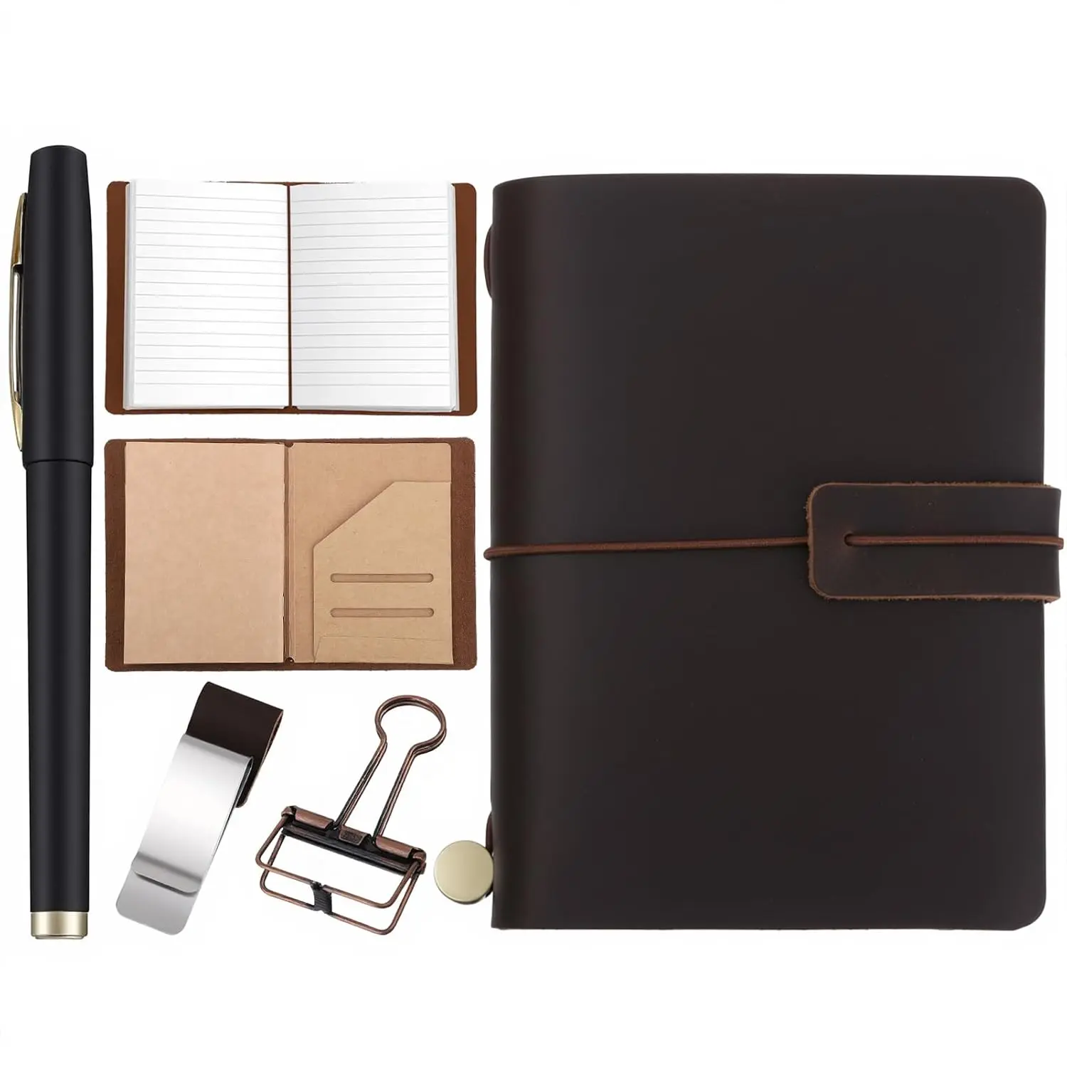 Douaowoc Travelers Refillable Leather Journal Notebook, 5.3" x 4.13" Passport Size Travel Journal Notebook with 3 Inserts,Pen Holder, Binder Clip for Men and Women (Brown)
