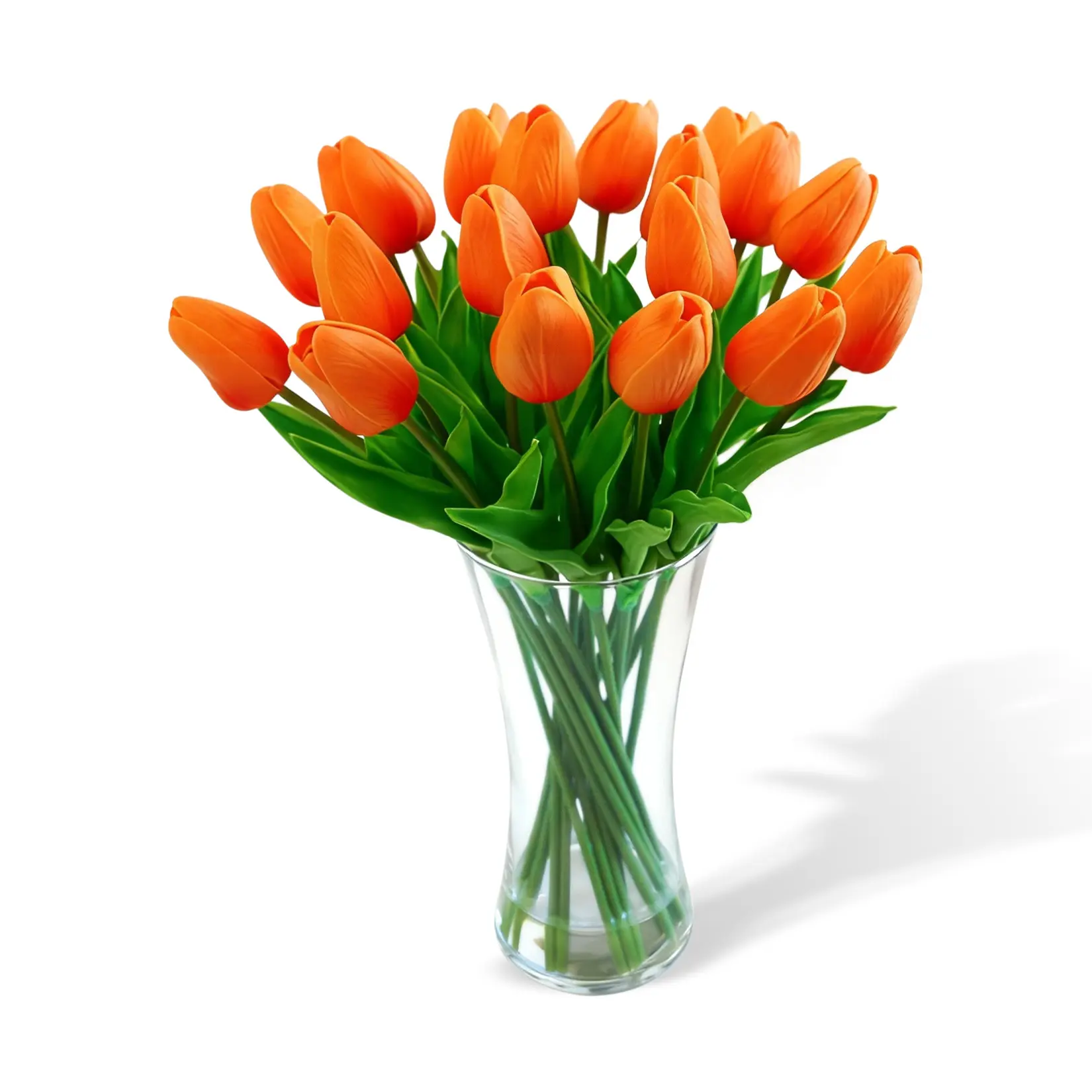 Orange Artificial Tulips Arrangement 20Pcs Real Touch Fake Tulips in Glass Vase Faux Bouquet for Home Office Wedding Mother's Day Decor