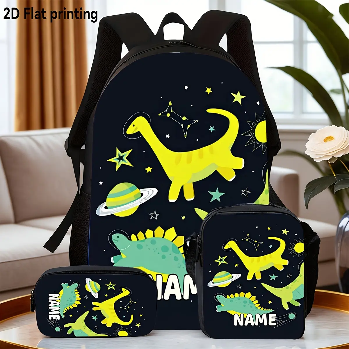 3pcs Cartoon Dinosaur Print Personalized Name Customization Set, New Fashion Double-Zipper Backpack, Includes Lunch Bag and Pencil Case, Custom Printed Backpack for Boys and Girls, Suitable for School, Outdoor Camping, and Travel, Simple Style