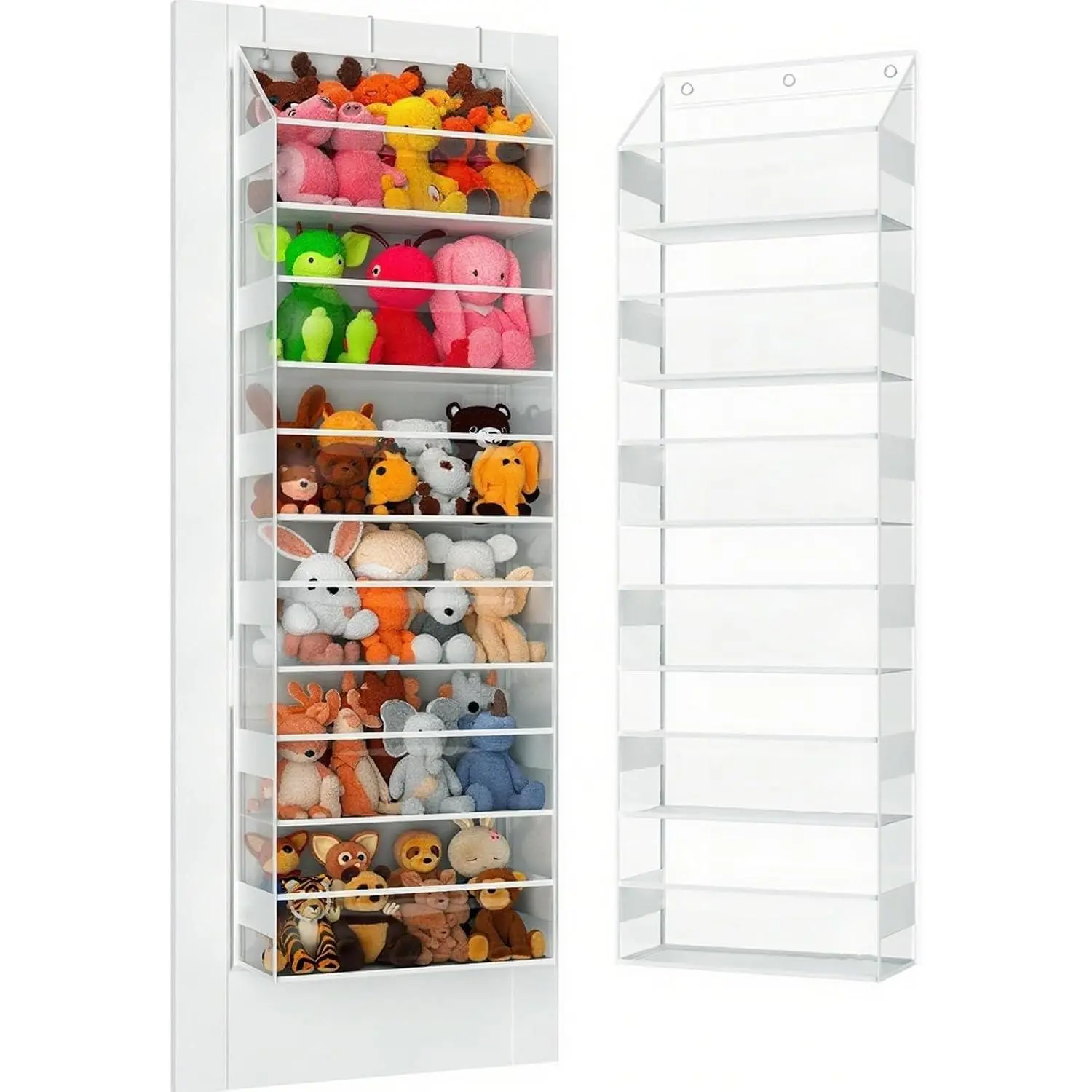 Over the Door Organizes- 6 Tier Stuffed Animal Storage, Hanging Organizer for Toys/Plushies, Back Door Organizers and Storage Holder Bag for Bathroom Nursery Newborn Baby Essential Stuff (Clear)