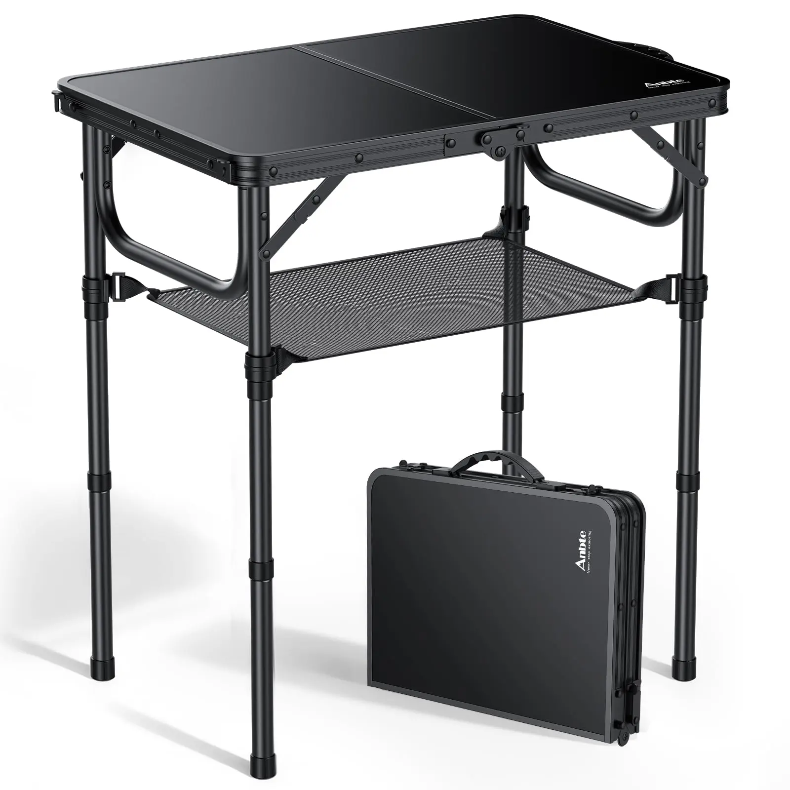 Collapsible Camping Table, 22.8" Lightweight Aluminum Outdoor Picnic Table with 3-Height Adjustment, Storage Net & Carry Handle, Folding Tables