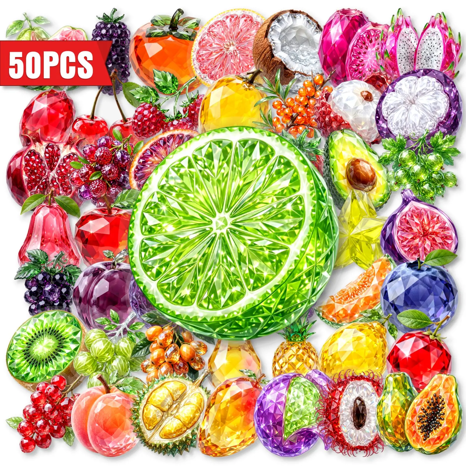 50pcs Transparent PET Aesthetic Stickers Featuring Faux-crystal Fruit Designs-an Uplifting Office Gift Perfect for Self-expression and Gifting, with Motivational Motifs To Brighten Up Your Living or Workspace, Positive Stickers