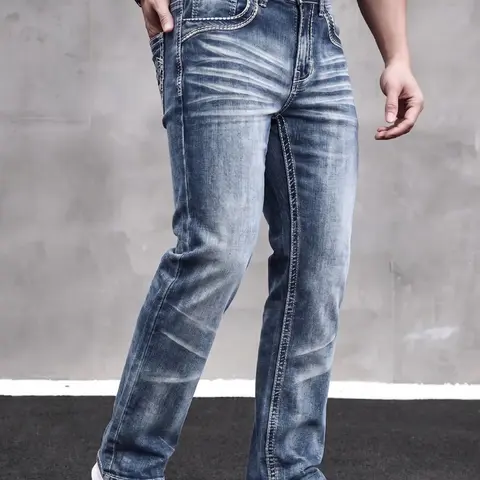 2026 New American Style Men's Embroidery Denim Jeans with Pockets, Vintage Casual Style, Whisker Wash, Fashionable Slim-Fit Bottoms for All Seasons