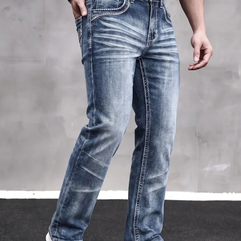 2026 New American Style Men's Embroidery Denim Jeans with Pockets, Vintage Casual Style, Whisker Wash, Fashionable Slim-Fit Bottoms for All Seasons