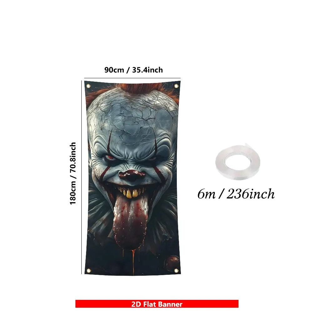 Cracked Pale Face Scarlet Eyes Bloody Long Tongue Scary Clown Pattern Halloween Front Door Banner, Ideal for Halloween Decorations, Porch Sign, Haunted House Prop, Party Backdrop, Yard Decor, Photography Background, Window Display, Bar Decor, Creates Spoo