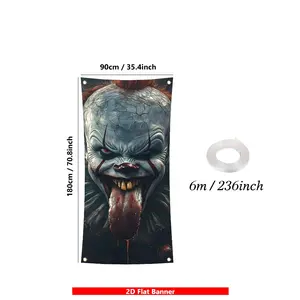 Cracked Pale Face Scarlet Eyes Bloody Long Tongue Scary Clown Pattern Halloween Front Door Banner, Ideal for Halloween Decorations, Porch Sign, Haunted House Prop, Party Backdrop, Yard Decor, Photography Background, Window Display, Bar Decor, Creates Spoo