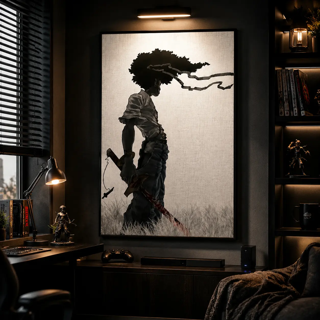 African Samurai Inspired Canvas Wall Art, Anime Style Warrior Artwork Poster, Japanese Samurai Graphic Print, Modern Cultural Artwork Decor, Retro Anime Aesthetic Wall Decoration for Bedroom Gaming Room Office Studio, Urban Art Style Print