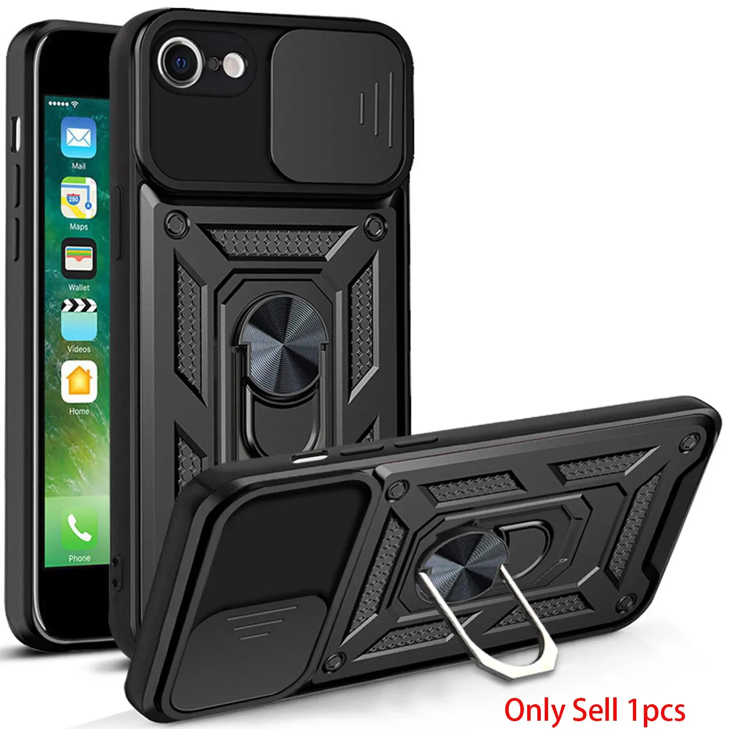 Protective Case for iPhone 7/iPhone 8/iPhone SE 2022/iPhone SE 2020, Non-Slip Metal Ring Stand, 360° Rotating, Dual Layer Protection, Shockproof Kickstand Cover, Dust-Proof Lens Cover, Solid Color, Cellphone Accessories
