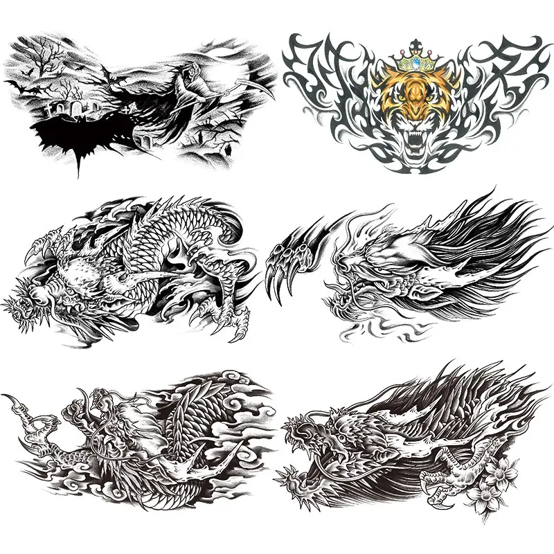 6 Pcs Dragon Temporary Tattoo Stickers, Fake Tattoos, Waterproof Realistic Back Chest Tattoos, Durable Horizontal Tiger Dragon Design, Adult Body Makeup Decor