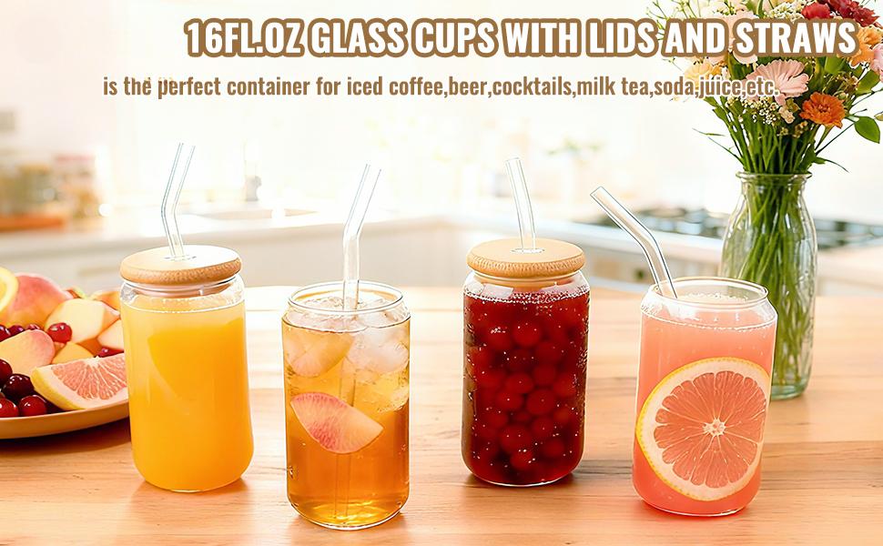 Borosilicate Glass Cups with Lids and Straws, 16 oz Reusable Tumbler Set (4-Pack) Includes Bamboo Lids, Glass Straws & Brush for Iced Coffee, Bubble Tea, Cold Beer, Juice
