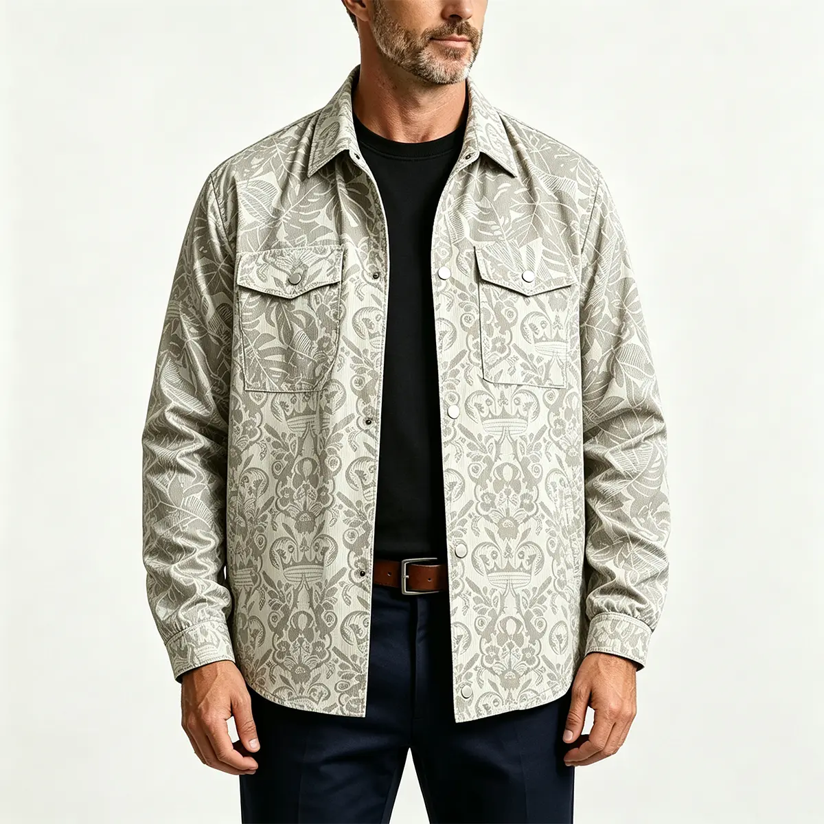 Men Vintage Damask Print Lapel Button Down Shacket, Casual Overshirt Jacket with Flap Pockets, Lightweight Street Outerwear for Spring Autumn Daily Smart Outfits