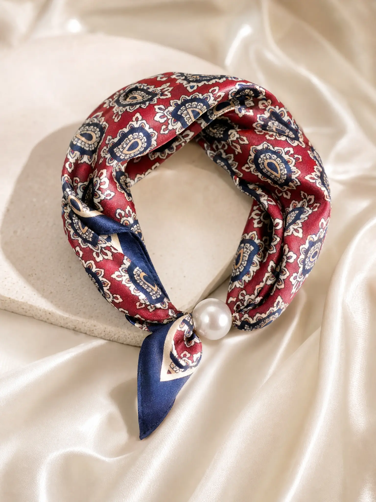 Pearl Magnetic Clasp Necklace Scarf, Burgundy Paisley Pearl Snap Scarf, Choker Chain, Versatile, Comfortable, Perfect for Festive Outfits, Neckscarf