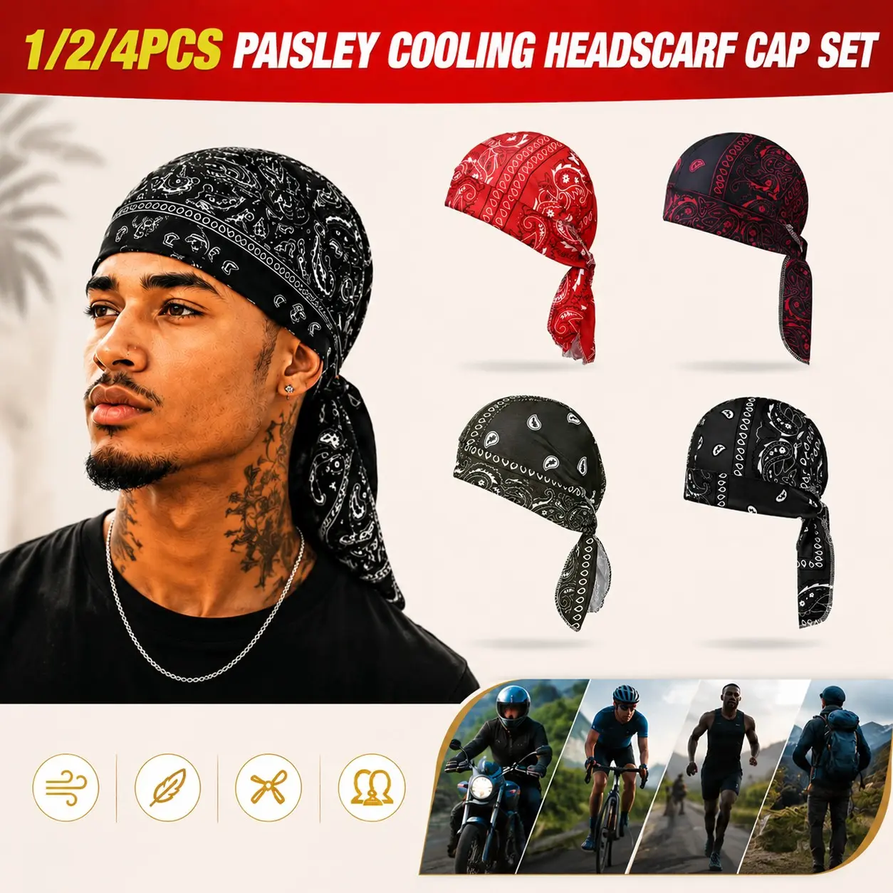 1/2/4PCS Paisley Cooling Headscarf Cap set , Motorcycle Pirate Head Wrap Safety Helmet Liner, Moisture Wicking Quick Dry Cooling Helmet Cap, Stretchy Fit Hand Washable Multifunctional Headwear for Motorcycling, Cycling, Running, Hiking & Outdoor Enthusias