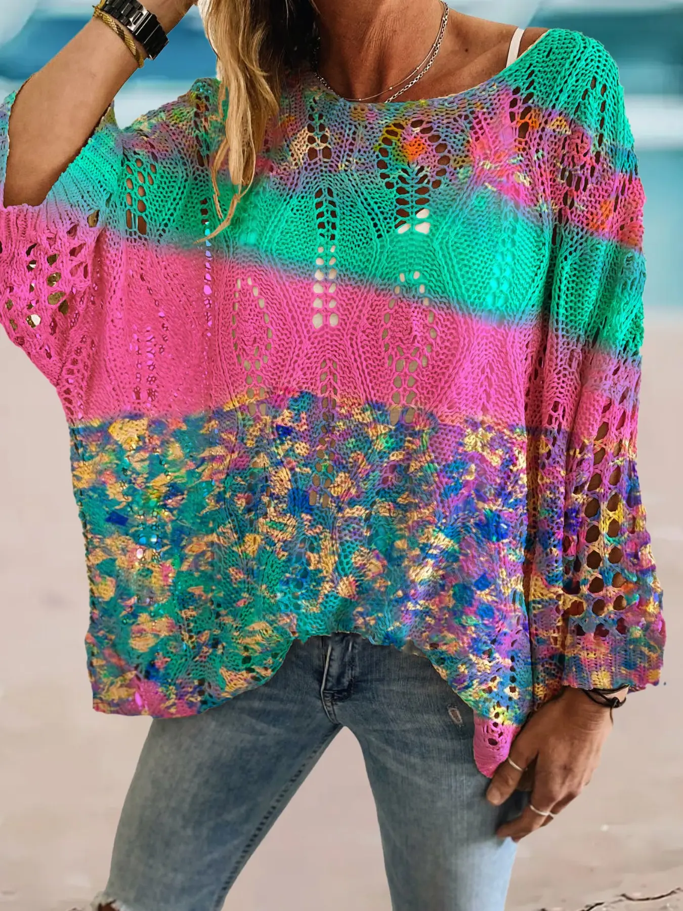 Women's Boho Style Sweater, Floral Pattern, Loose-Fitting, Long Sleeve, Geometric Print, Casual Elegant Commute, Vacation Wear
