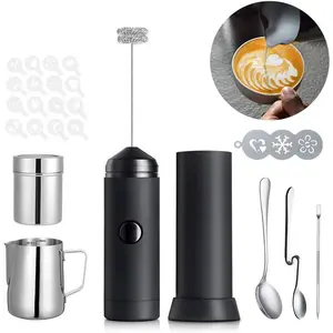 Milk Frother Handheld Coffee Art Set, Electric Coffee Frother with Milk Frother Pitcher,  Cocoa Shaker, Coffees Stencils, Coffees Spoons, Latte Art Pen