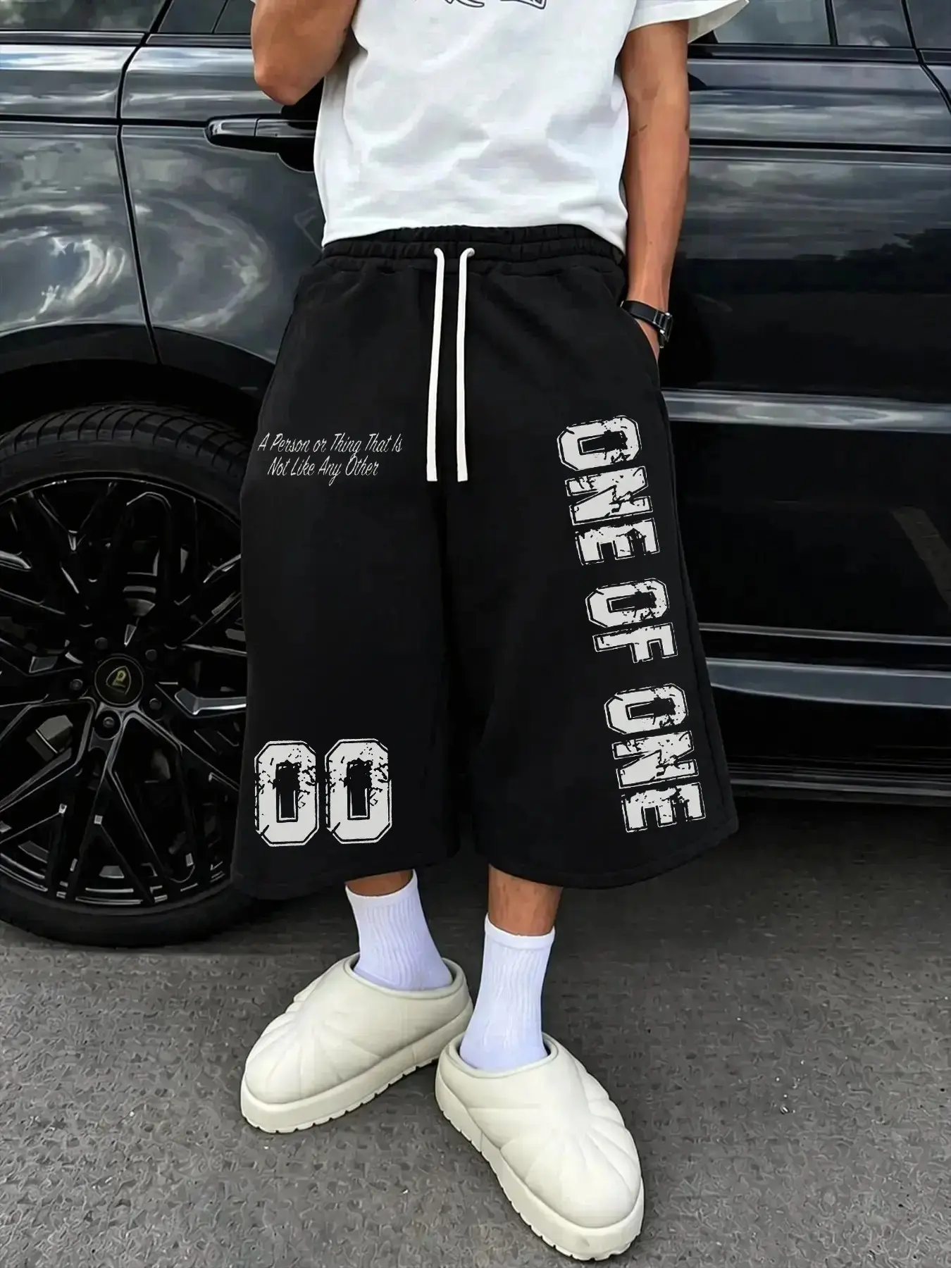 Men Vintage Distressed ONE OF ONE Letter Print Knee Length Sweat Shorts, Elastic Drawstring Waist Baggy Long Basketball Shorts, Hip Hop Streetwear Loose Capri Shorts Daily Casual Wear