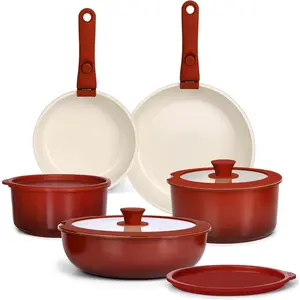 11PCS Ceramic Pots and Pans Set Non Stick, Nonstick Cookware Set Detachable Handle, Red Black Gradien Pots and Pans Induction Kitchen Cooking Sets, RV Cookware Sets for All Stoves