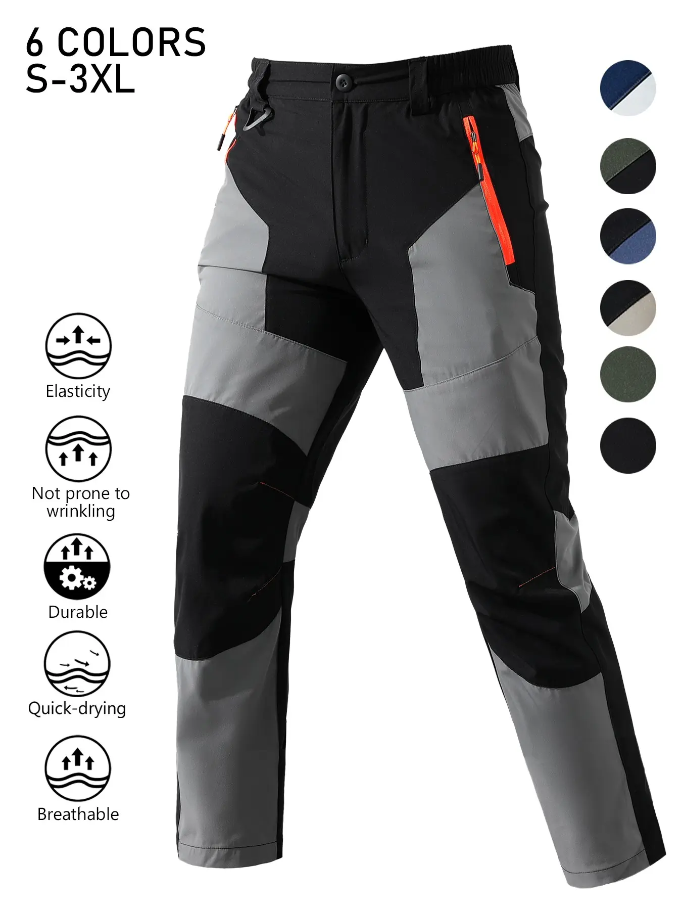 Men's Color Block Quick Dry Hiking Pants, Elastic Waist Breathable Stretch Outdoor Trekking Trousers, Wrinkle Resistant Durable Straight Pants with Zipper Pockets for Mountaineering Cycling Fishing Summer Sports Daily Wear, 6 Colors Available Sizes S-3XL