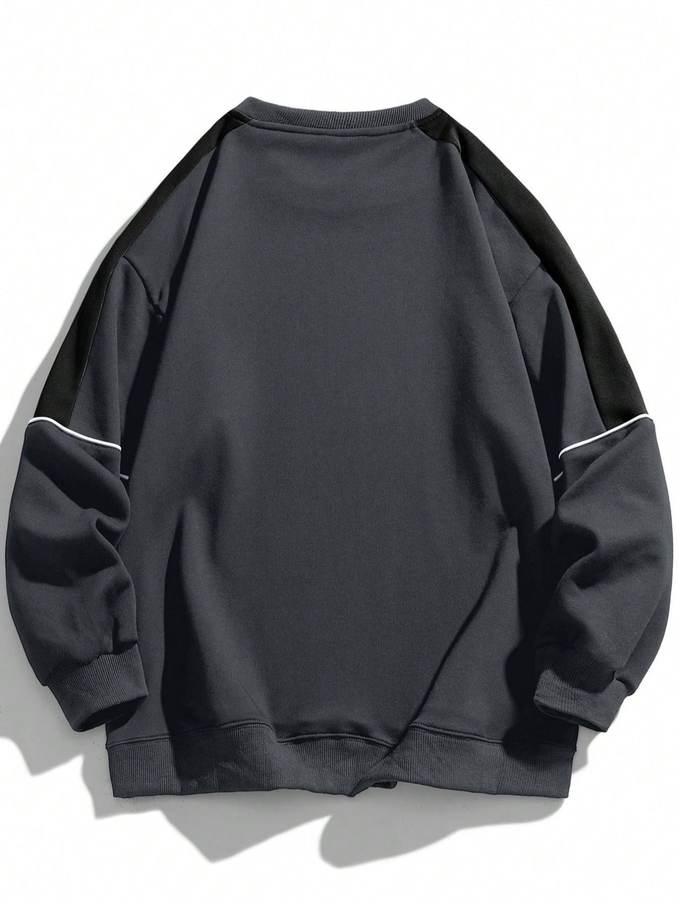 Men's Colorblock Contrast Binding Drop Shoulder Sweatshirt, Stretch Regular Fit Casual Bold Edgy Style Long Sleeve Round Neck Pullover for Spring & Fall, Fashion Men's Top for Daily Wear