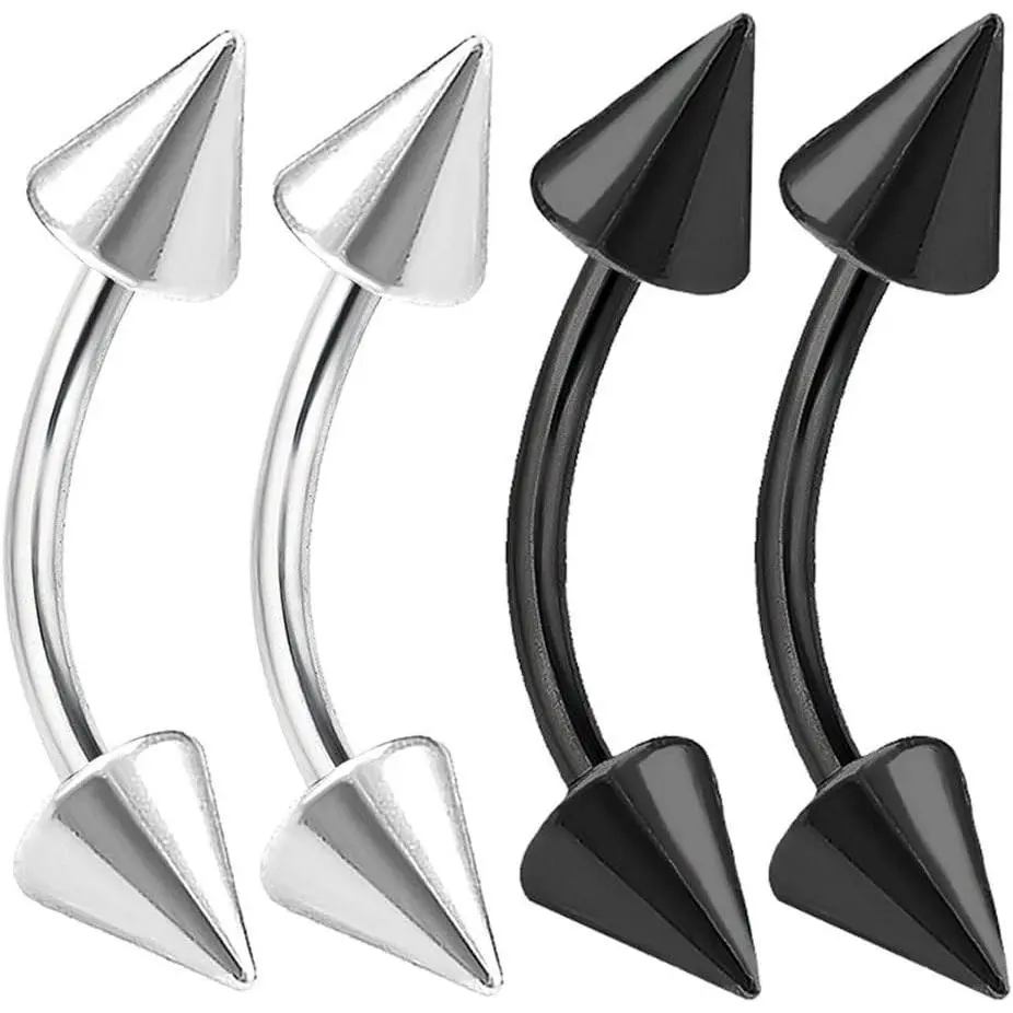 4 count 16g Curved Barbell Cartilage Lip Tragus Eyebrow Forward Helix Conch Daith Earring Black Vertical Labret Spike - 10mm