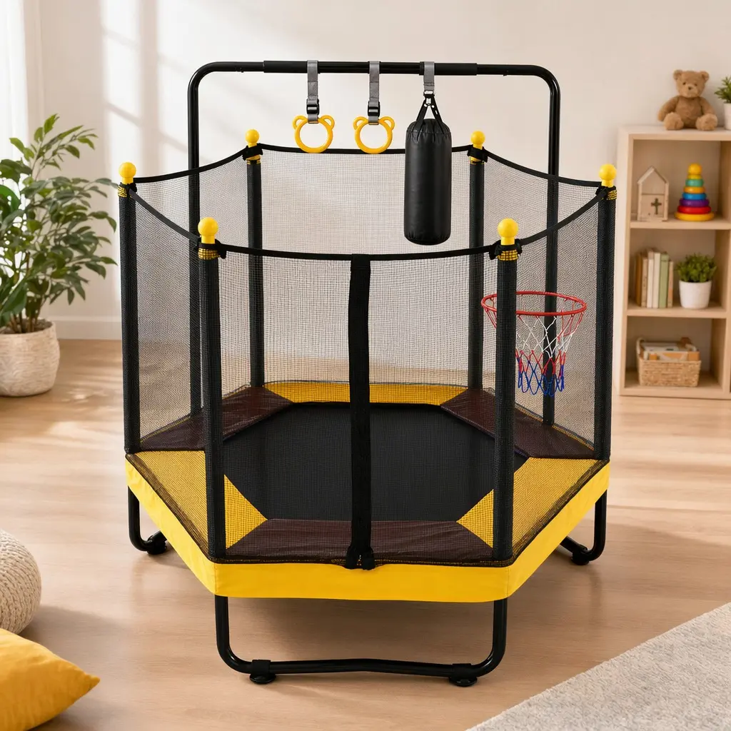 54-Inch Kids Rebounder Trampoline with Enclosure, Adjustable Gymnastics Bar, Ring, Basketball Hoop, Boxing Bag & Ocean Balls, Indoor-Outdoor Sports & Outdoor Fitness Accessory for Ages 1-8