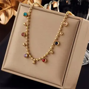 Trendy Rainbow Multi Color Crystal Drop Gold Beaded Anti Tarnish Stainless Steel Dainty Stackable for Teen Girls Party Casual Accessories Gold-Plated Cuban Link Greek Flame Pendant Necklace