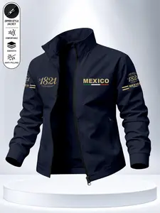Mexican 1821 Vintage Print Stand Collar Jacket, Men's Spring Fall Thin Zip Pocket Coat, Fashion Casual Versatile Top, Daily Wear Essential Outerwear, Long Sleeve