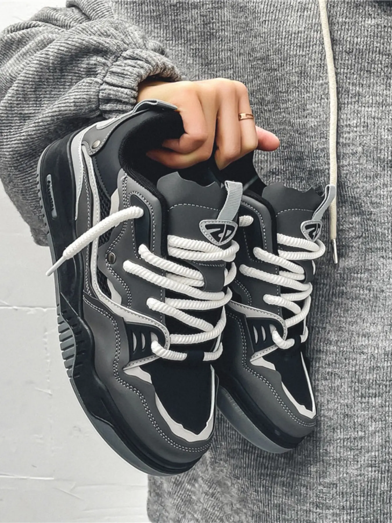 Unisex Retro Chunky Skate Sneakers, Burgundy Thick Rope Laces, Breathable Mesh, Non Slip Soft Sole, Casual Streetwear Shoes