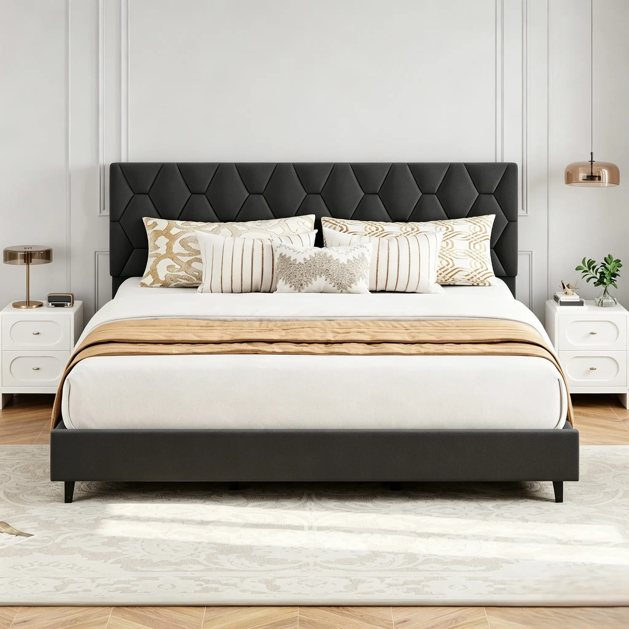 Modern King Size Upholstered Frame Bed for Contemporary Bedrooms, Adjustable Tufted Headboard, Sturdy Metal Platform, Silent No-Squeak Design, Easy Assembly, 6-14 in Compatibility, Grey, Platform Bed Frame, Modern Bedroom