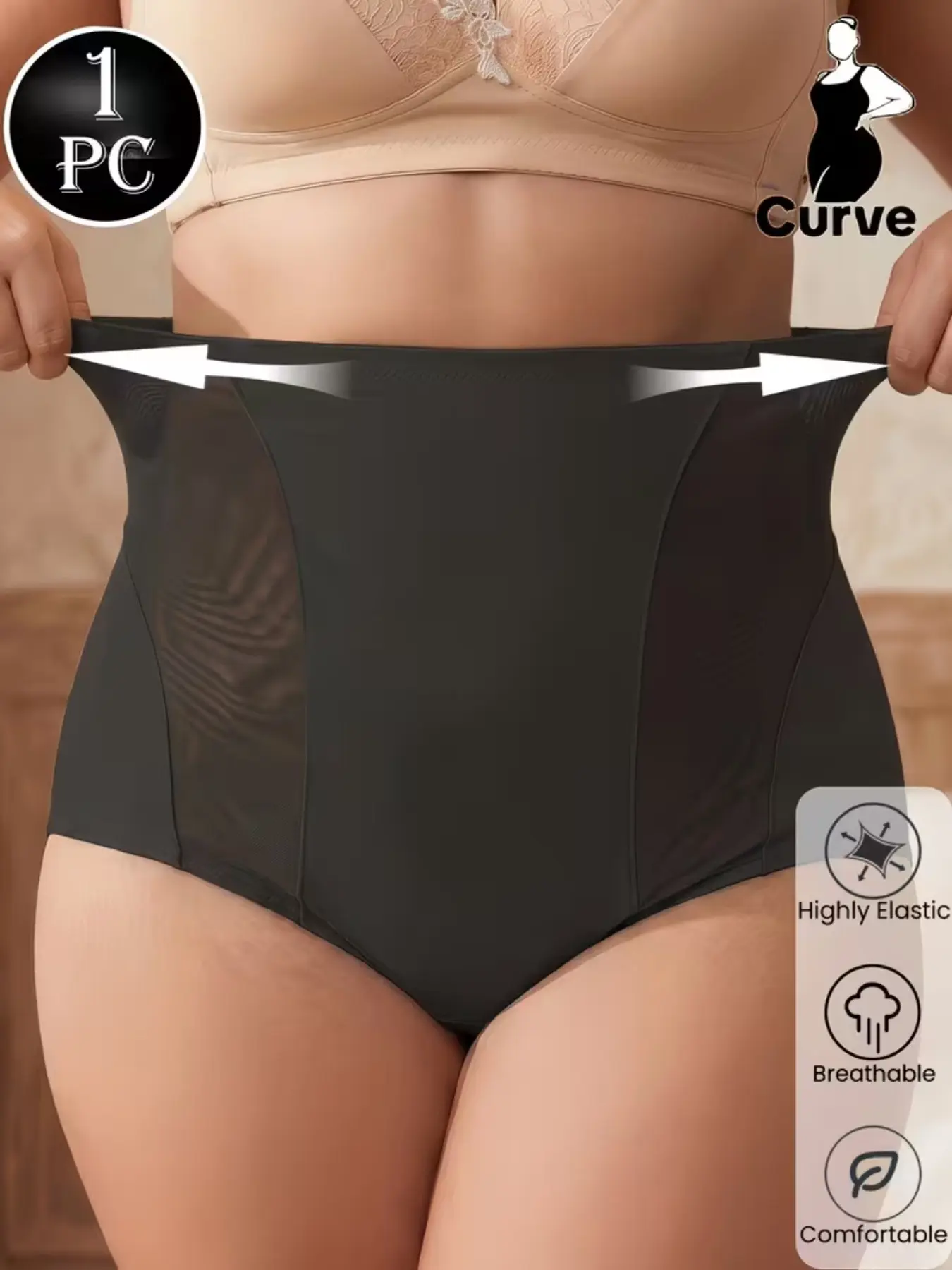 1XL-6XL,Plus Size Women's  Mesh High-Waisted Shapewear Panties, Full Coverage Butt Lifter, Elastic Waist Briefs, Solid Color, Silk lingerie,Soft fabric intimates,Fresh Breathable Underwear,Daily-wear,All Seasons