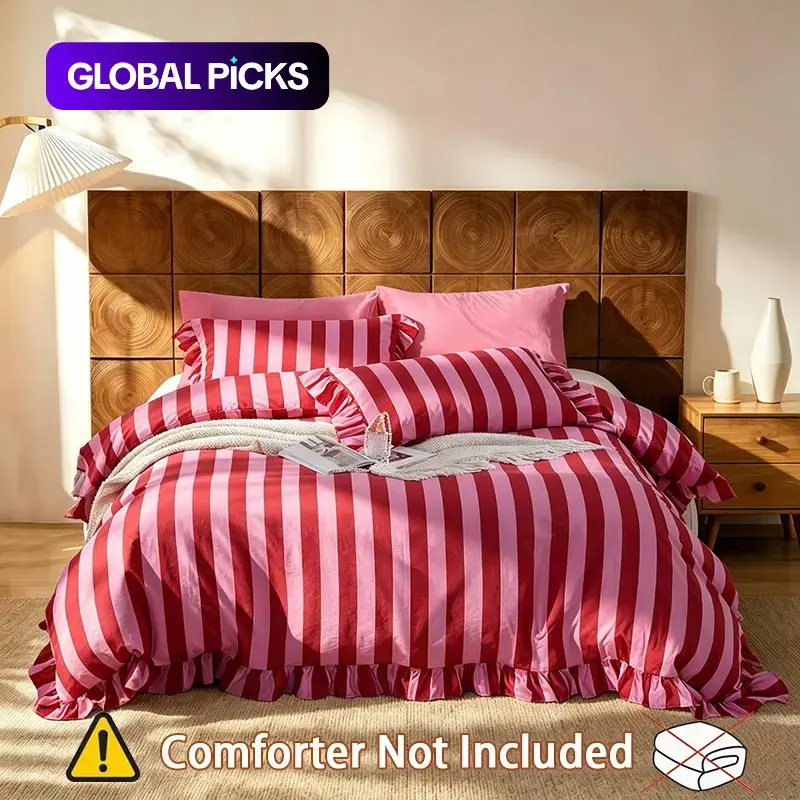 Sweet Pink Striped 3-Piece Set, Ruffled Edge Design Bedspread Kit, (Include 1*Duvet Cover, Without Duvet Insert,2 *Pillowcases, Without Pillow Core), Soft Fabric, Comfy Bedding Set, Perfect Gift