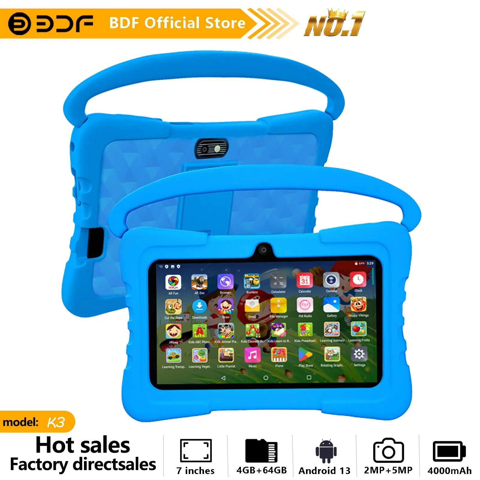 Bdf 7-Inch Android 13 Tablet with Education Software, USB Charging, Quad-Core Processor, 4GB RAM, HD IPS Display, 64GB Storage, 4000mah Battery