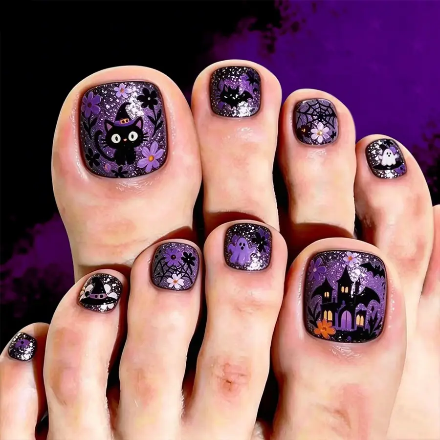 24pcs Short Square Castle Bat Flower Ghost Dark Cat Glitter Press-On Toe Nails, Reusable Halloween Nail Art for Women and Girls