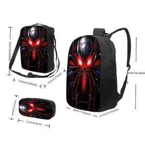 1pcs/3pcs unisex backpack set, cool red spider print, adjustable shoulder straps, zipper closure, three-piece set includes backpack, crossbody bag, and pencil case, suitable for school, travel, camping