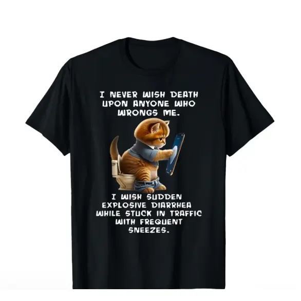 Funny Orange Tabby Cat On Toilet Humor Cartoon Graphic Short Sleeve T-Shirt, Unisex Summer Vacation Back To School Relatable Meme Casual Tops, 100% Pure Cotton Printed Craft Summervibes Tee, Soft Breathable Loose Fit daily outfits
