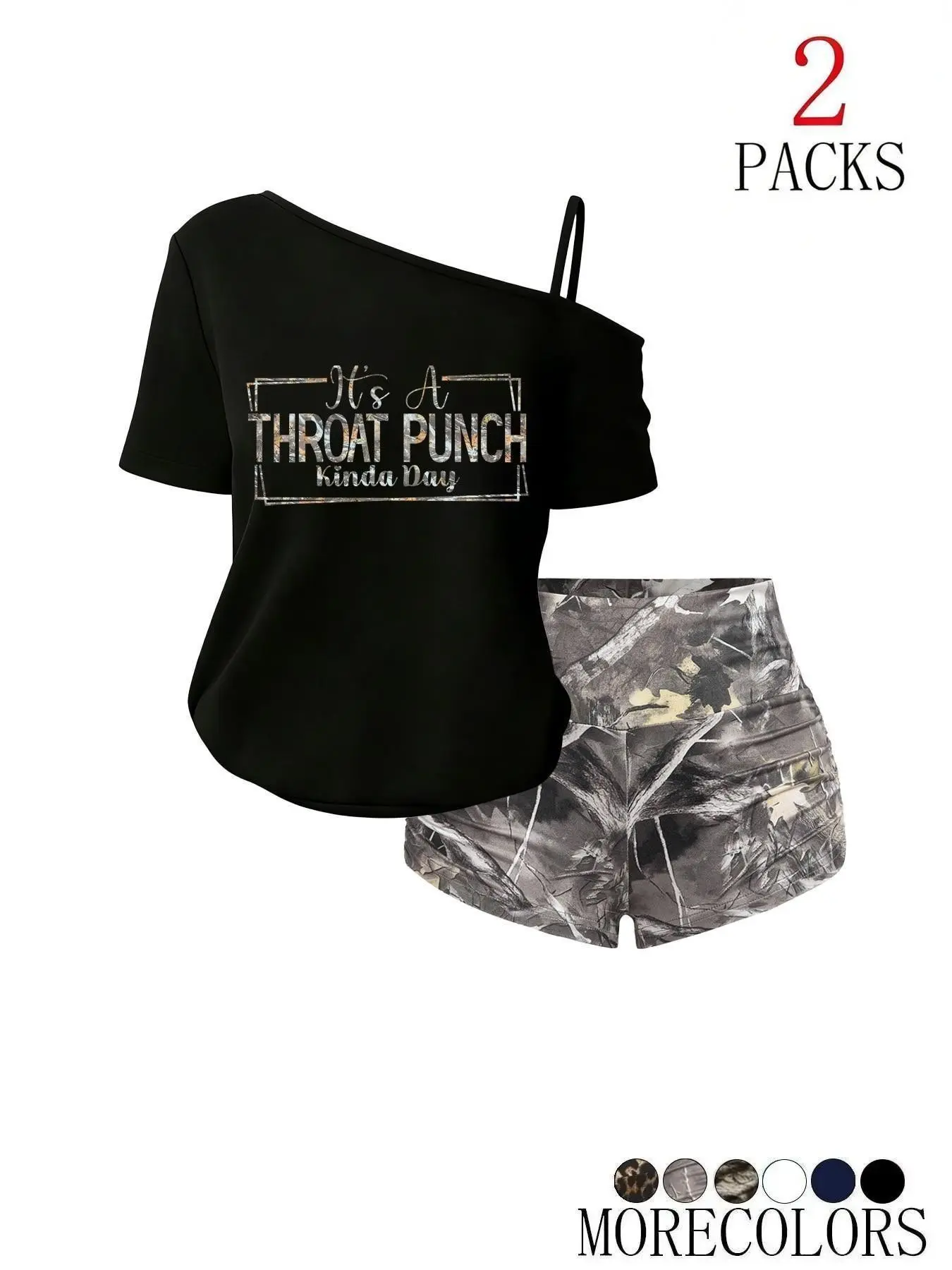 American Style Asymmetrical Strap Top with Letter Print, Camouflage Pleated Shorts Set, Casual Two-Piece for Women, Multiple Colors Available