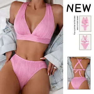 2026 Summer New Solid Color Halter Neck Tie-Up Two-Piece Swimsuit Feminine Bikini Swimwear