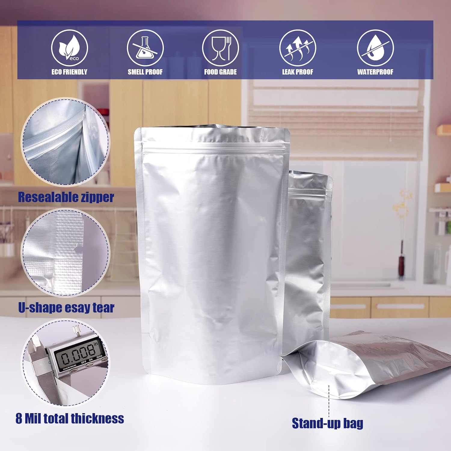 120 Mylar Bags for Storage with Absorbers 300cc, 8 Mil 1Gallon 10"x14", 7.5"x11.5", 6"x9", 4.3"x6.3" Stand-Up Zipper Resealable Bags & Heat Sealable Storage Bags + Labels 120 Mylar Bags for Storage with Absorbers 300cc, 8 Mil 1Gallon 10"x14", 7.5"x11.5", 6"x9", 4.3"x6.3" Stand-Up Zipper Resealable Bags & Heat Sealable Storage Bags + Labels