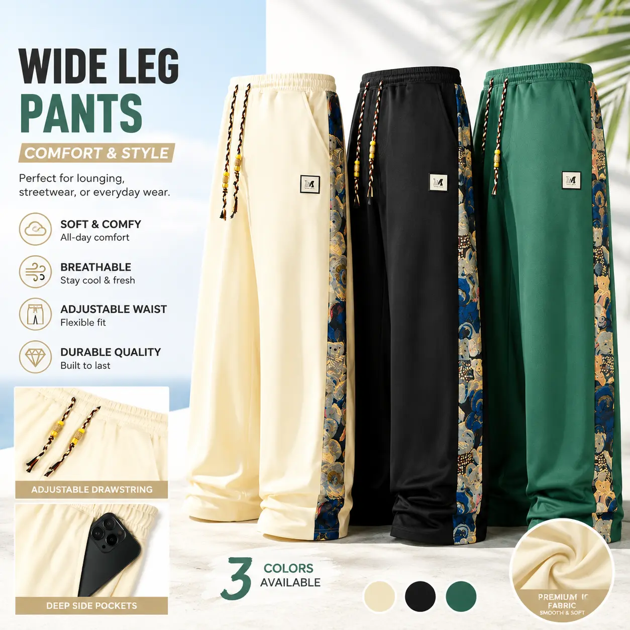 Vintage Bear and Floral Patchwork Wide-Leg Pants for Men, Drawstring Loose Street Casual Drapey Trousers