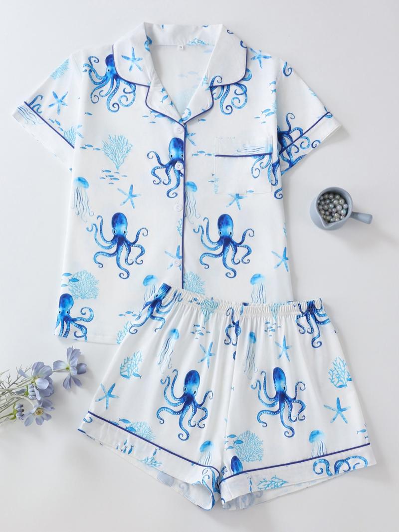 Women's Octopus Print Button Front Shirt & Shorts Pyjama Set, Comfort Two-piece Pj Set for Homewear, Women's Sleepwear for All Seasons, Womenswear, Summer Sleepwear Set