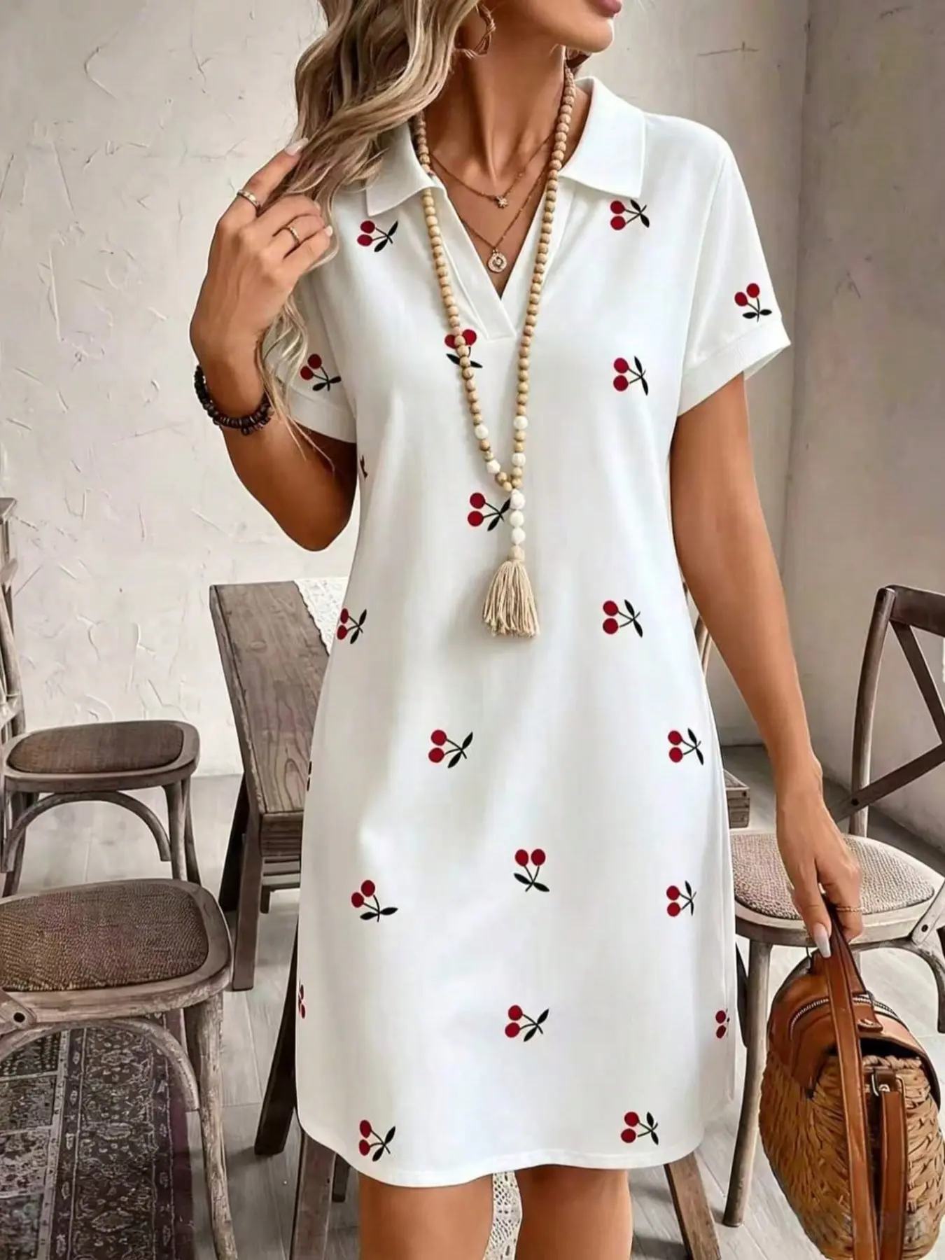 Women's Cherry Print Dress, Sweet and Youthful Short Sleeve Loose Straight Midi Dress, Casual Slim-Fitting T-Shirt Dress