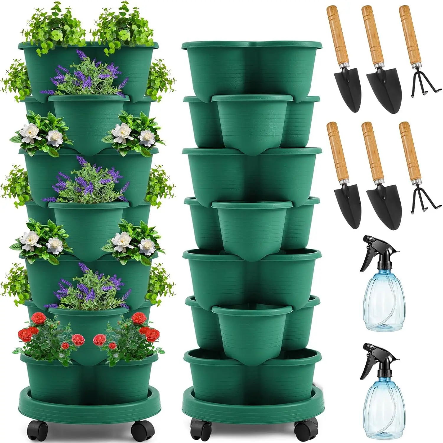 Dark Green 2-Set Pack 7-Tier Stackable Vertical Grow Tower Planters with Removable Wheels and Tools, Indoor Outdoor Strawberry Herb Flower Vegetable Pots